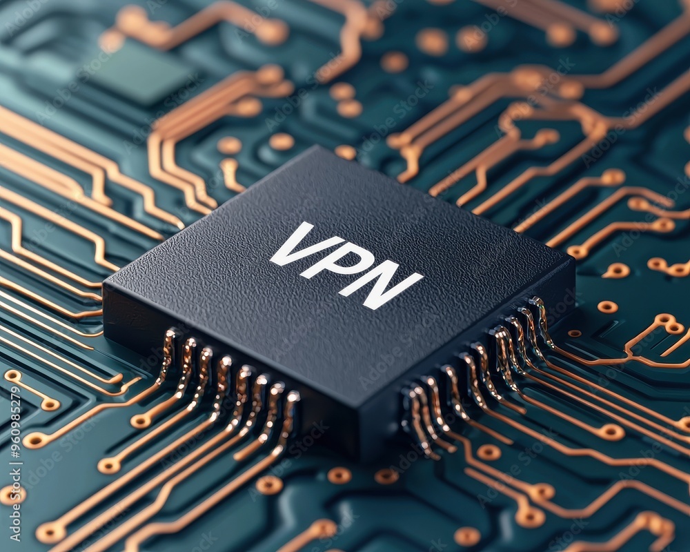Poster close-up of a microchip with vpn prominently displayed, set against a circuit board, representing cy