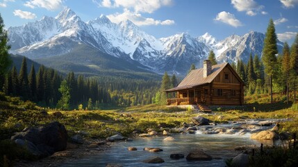 Fototapeta premium A log cabin in the mountains, with a view of snow-capped peaks and a nearby stream.