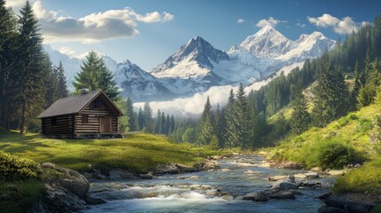 Fototapeta premium A log cabin in the mountains, with a view of snow-capped peaks and a nearby stream.