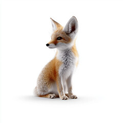 Adorable young fox sitting calmly on a white background, highlighting its fluffy fur and alert expression in a minimalistic setting.