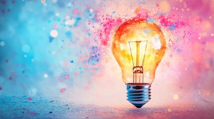 Glowing Light Bulb with Colorful Splashes Background