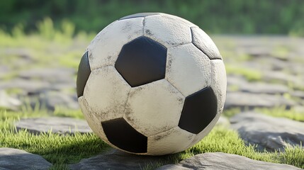 A worn soccer ball sits on a patch of grass.