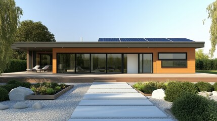 Fototapeta premium A modern house with a flat roof, solar panels, and a minimalist garden in the front yard.