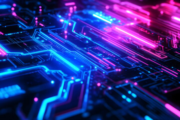 Abstract Futuristic Circuit Board with Neon Lights