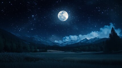A night sky full of stars with a bright moon providing soft light over a quiet landscape.
