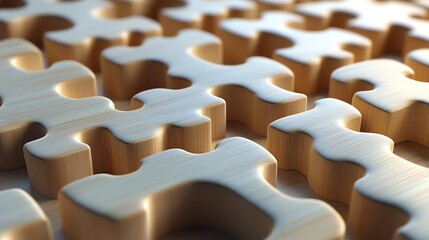 Fototapeta premium Close-up of wooden puzzle pieces in a repeating pattern, showing texture and detail.