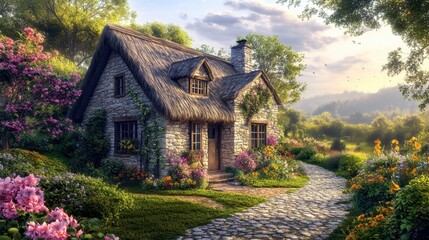 A quaint stone cottage with a thatched roof, surrounded by blooming flowers and a cobblestone path.