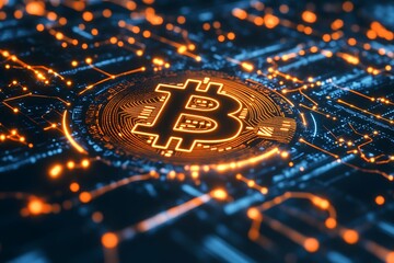 Bitcoin symbol (₿) hovering above a network of digital connections