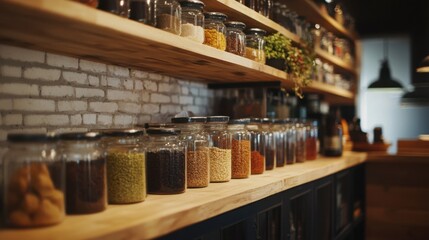 A row of glass jars filled with various spices, neatly organized on a wooden shelf in a cozy kitchen.