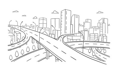 Obraz premium Highway road junction in the city. Hand-Drawn Vector Sketch.
