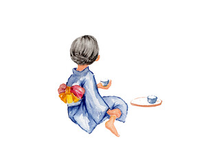 水彩画　浴衣姿の女性
