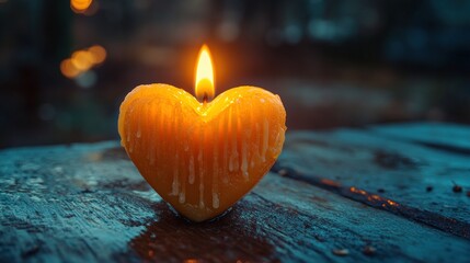 A heart-shaped candle burns brightly, its wax melting and dripping.
