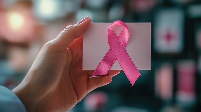 A hand holding a pink ribbon in front of a breast self-exam guide, emphasizing early detection.