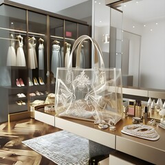 interior of a room. Tote bag placed on dressing table in a room.