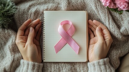 Two hands holding a small pink ribbon in front of a clear white background, promoting early detection of breast cancer.
