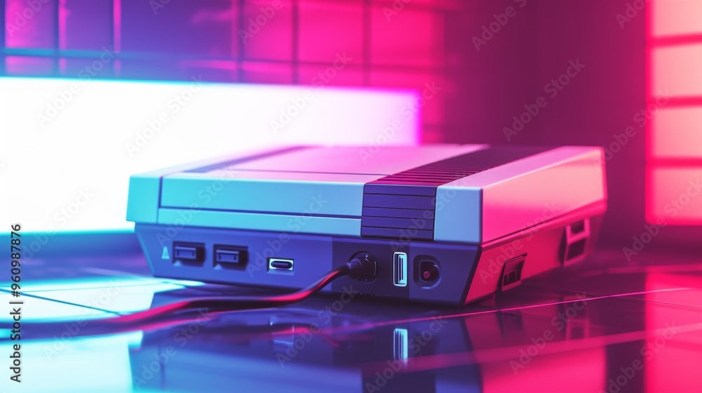Poster a retro gaming console is illuminated by vibrant neon lights in a futuristic setting. the bright, co
