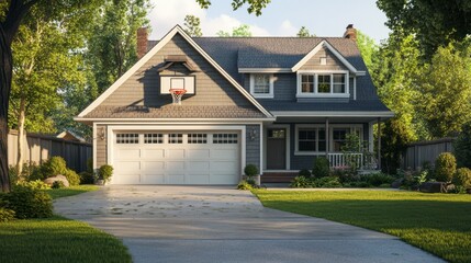 A suburban house with a garage, a basketball hoop above the driveway, and a treehouse in the backyard.