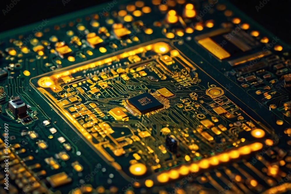 Poster illustration of cpu chip on circuit board with glow light in concept of processing semiconductor mic