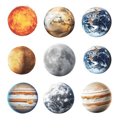 set of planets on transparent background, clipping path, png, 