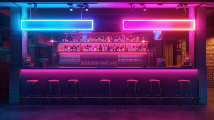 The vibrant, neon-lit interior of a modern cafe, showcasing sleek furniture and colorful lighting. The scene is lively and trendy, making it an inviting space for social gatherings or a relaxed