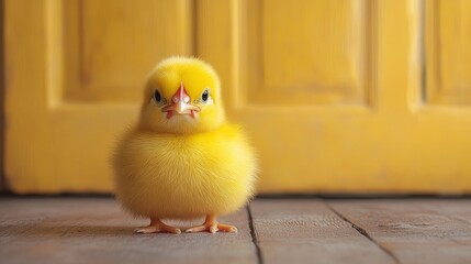A fluffy yellow chick stands in front of a yellow door.