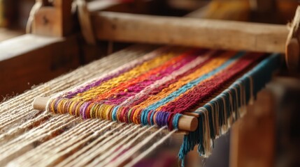 A traditional loom with colorful threads being woven into cloth, capturing the essence of artisanal craftsmanship.