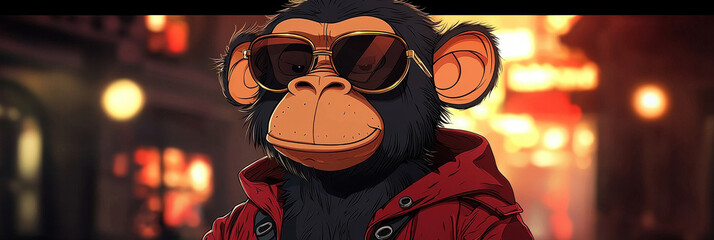 A cool chimp wearing sunglasses and a red jacket.