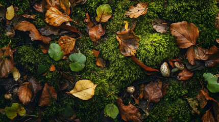 A close-up shot of a dense forest floor, showing vibrant green moss covering uneven rocks, intertwined with scattered brown leaves and tiny mushrooms peeking through, in soft natural lighting