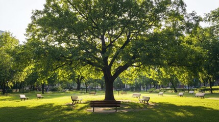 Obraz premium A tree in a city park, with benches arranged in a circle around its base.