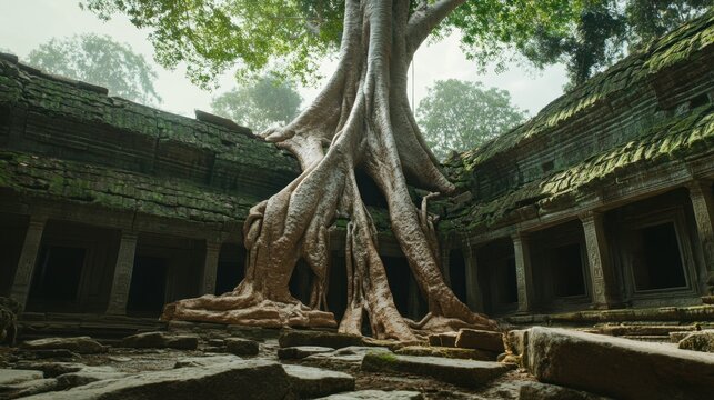 A tree growing out of the ruins of an ancient temple, with roots spreading over the stone walls.