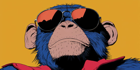 Cool monkey wearing sunglasses against a yellow background.