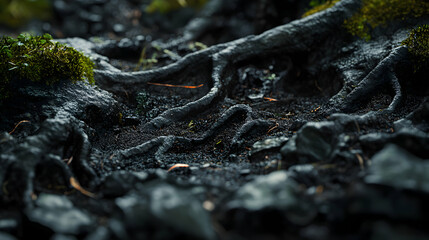 A detailed macro shot of a dark, shaded forest floor, showing damp soil, roots twisting around rocks, and patches of moss alongside fallen branches