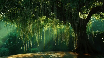 Obraz premium A tree with long, hanging vines, creating a natural curtain around its trunk.