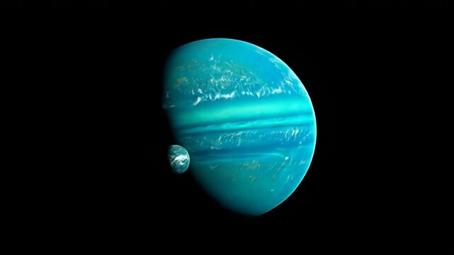 A large, turquoise gas giant planet with white clouds and banding, and a smaller, blue-green planet in the background, against a black backdrop.