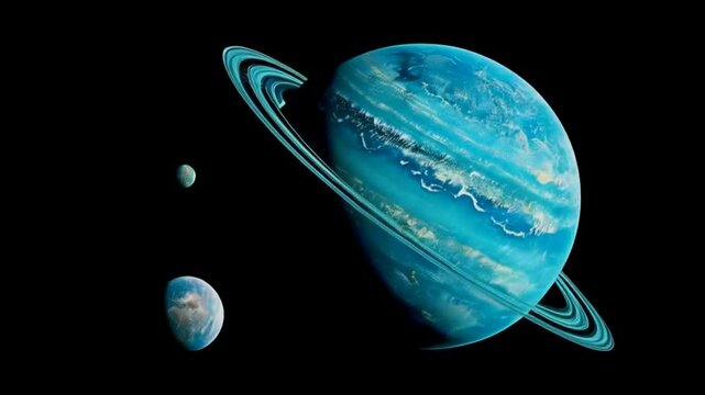 A blue gas giant planet with rings and two moons in outer space.
