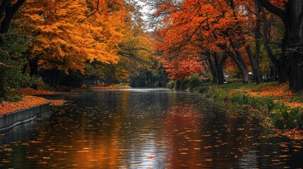 Obraz premium A tree-lined riverbank in autumn, with colorful leaves floating on the water surface.