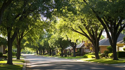 Obraz premium A tree-lined street in a residential neighborhood, with houses partially obscured by the trees shade.
