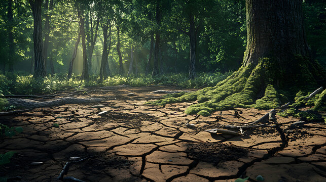 A richly detailed image of a forest floor with dry, cracked earth, patches of moss, decaying branches, and hints of wild mushrooms growing under the shade of trees