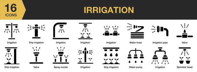 Irrigation solid icon set. Includes drip, pipe, irrigation, and More. Solid icons vector collection.