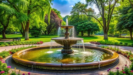 Fountain in the park with flowing water surrounded by greenery, water, fountain, park, outdoor, nature, scenic, landscape, summer