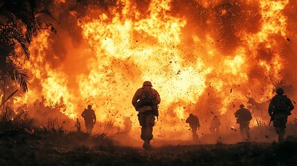 Soldiers sprint through a blazing battlefield, immersed in the heart of conflict.