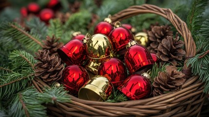 A set of red and gold jingle bells lying in a basket of holiday greenery and pine cones