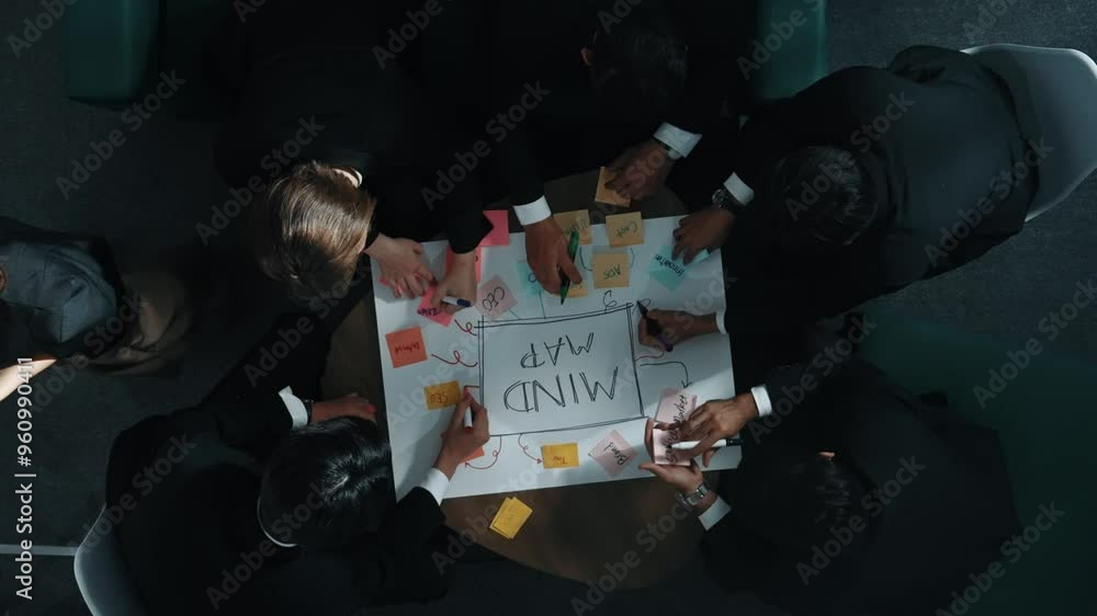 Aufkleber top down aerial view of group of smart diverse business people brainstorm marketing idea while writi