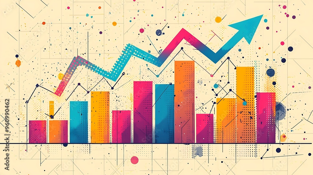 Poster a colorful bar graph with dots and upward arrows captures the essence of success.