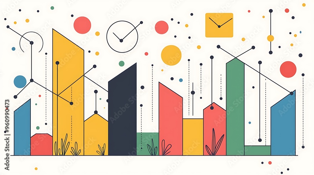Poster colorful shapes and lines form an abstract geometric backdrop, full of dynamic movement.