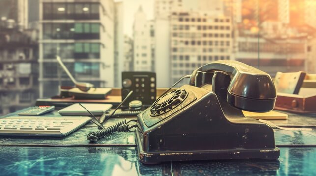 A nostalgic scene of a vintage rotary phone placed on a retro office desk, overlooking a cityscape. The warm tones and soft lighting evoke a sense of history and classic style, making it a perfect