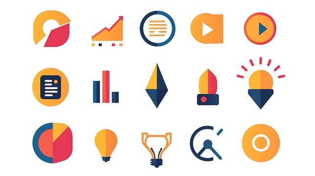 A colorful icon set spans themes of business, technology, finance, and media in flat design.