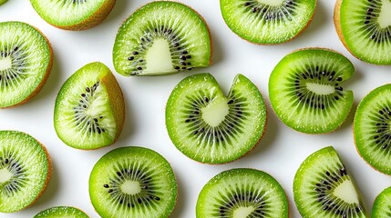 Fototapeta premium Bright green kiwi slices on a pristine white background offer a vibrant, tropical vibe.