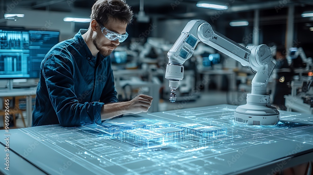 Aufkleber an engineer operates a robotic arm, building a holographic model of a futuristic structure.
