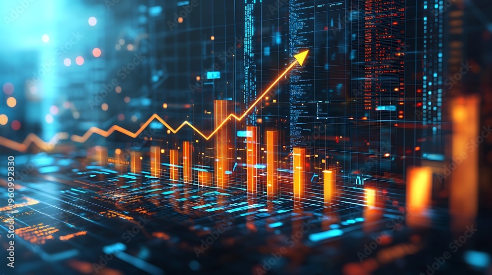 Poster an abstract data visualization glows with rising bars and bright upward trends.